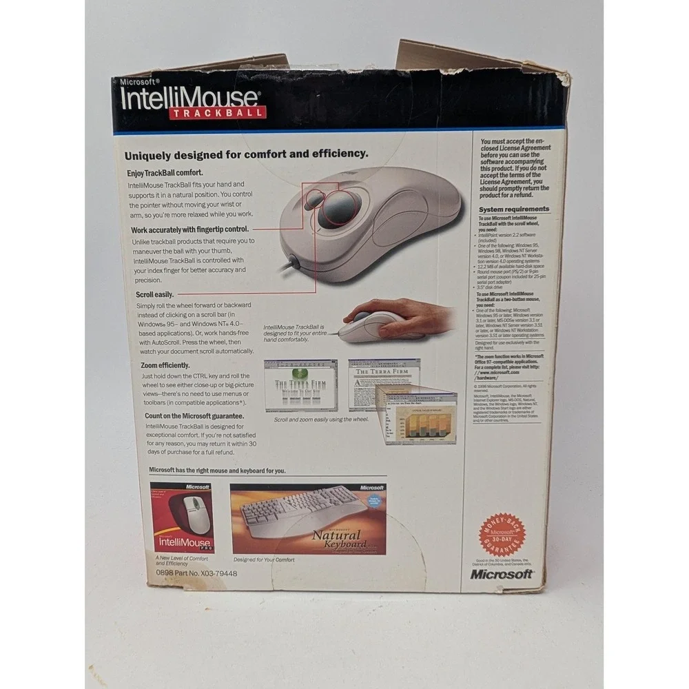 Vintage Microsoft IntelliMouse TrackBall White Wired Ergonomic Scroll X03-79448